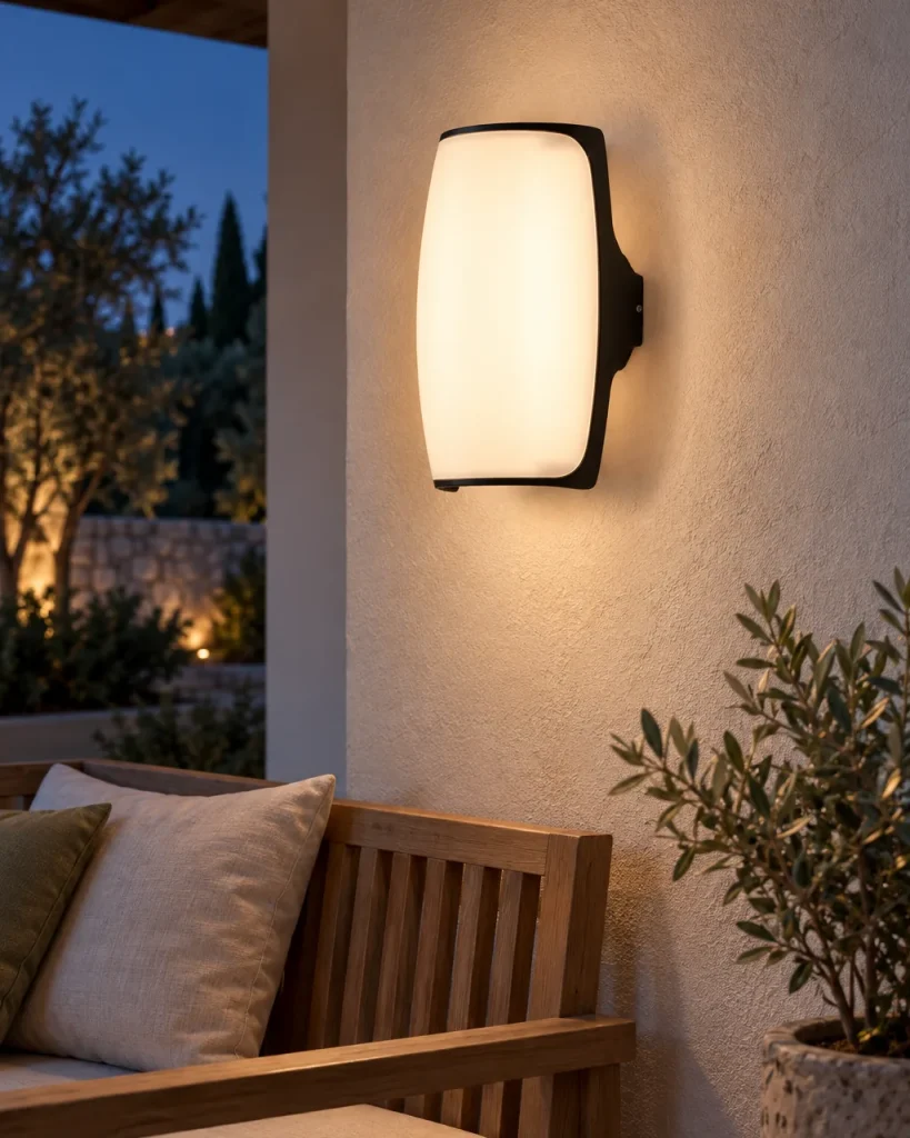 Applique da esterno CRATYA, applique LED bombata, IP65 – sulla terrazza coperta sopra una panca in legno, luce serale