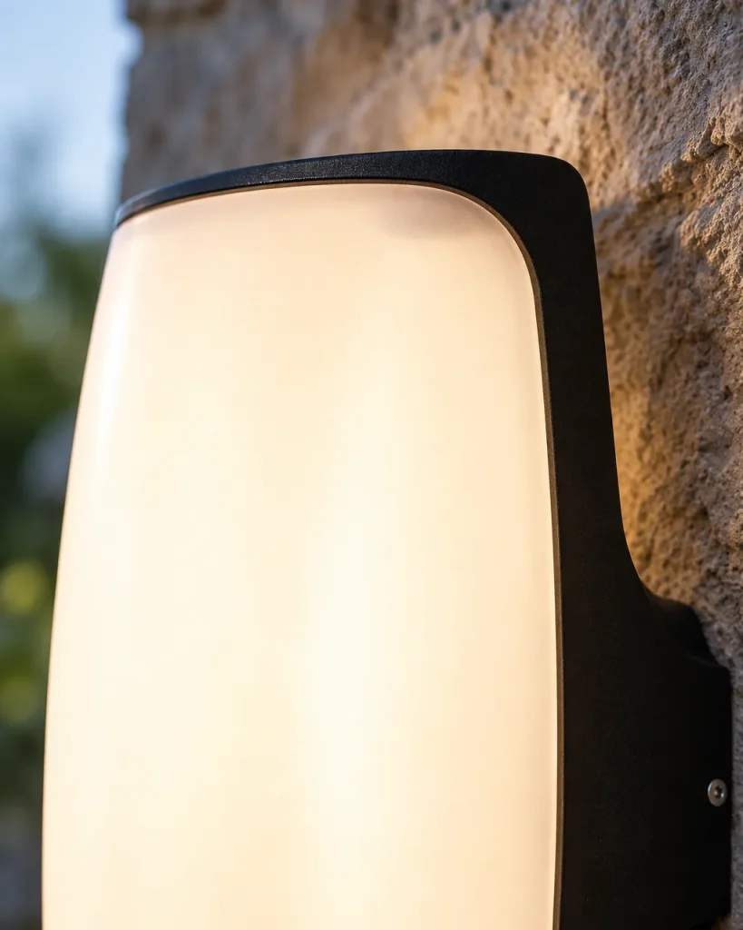 Applique da esterno CRATYA, applique LED bombata, IP65 – dettaglio del diffusore bombato e del corpo nero
