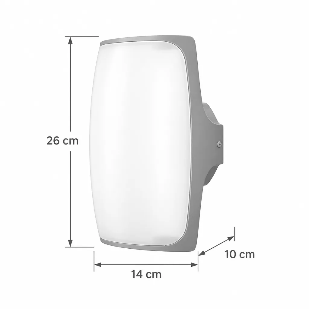 Applique da esterno CRATYA, applique LED bombata, IP65 – disegno tecnico con misure, 26 × 14 × 10 cm
