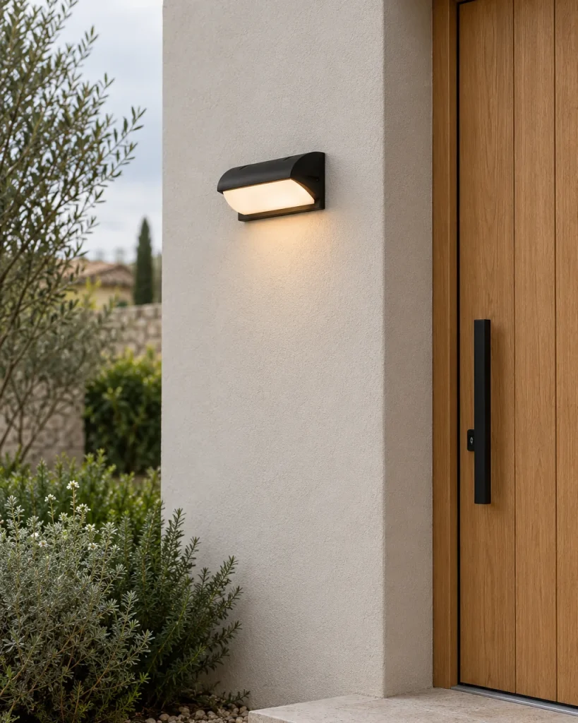 Aussenleuchte DOMOT, LED-Wandleuchte mit Blendschutz, IP65 – an der Fassade neben der Haustür, Tageslicht