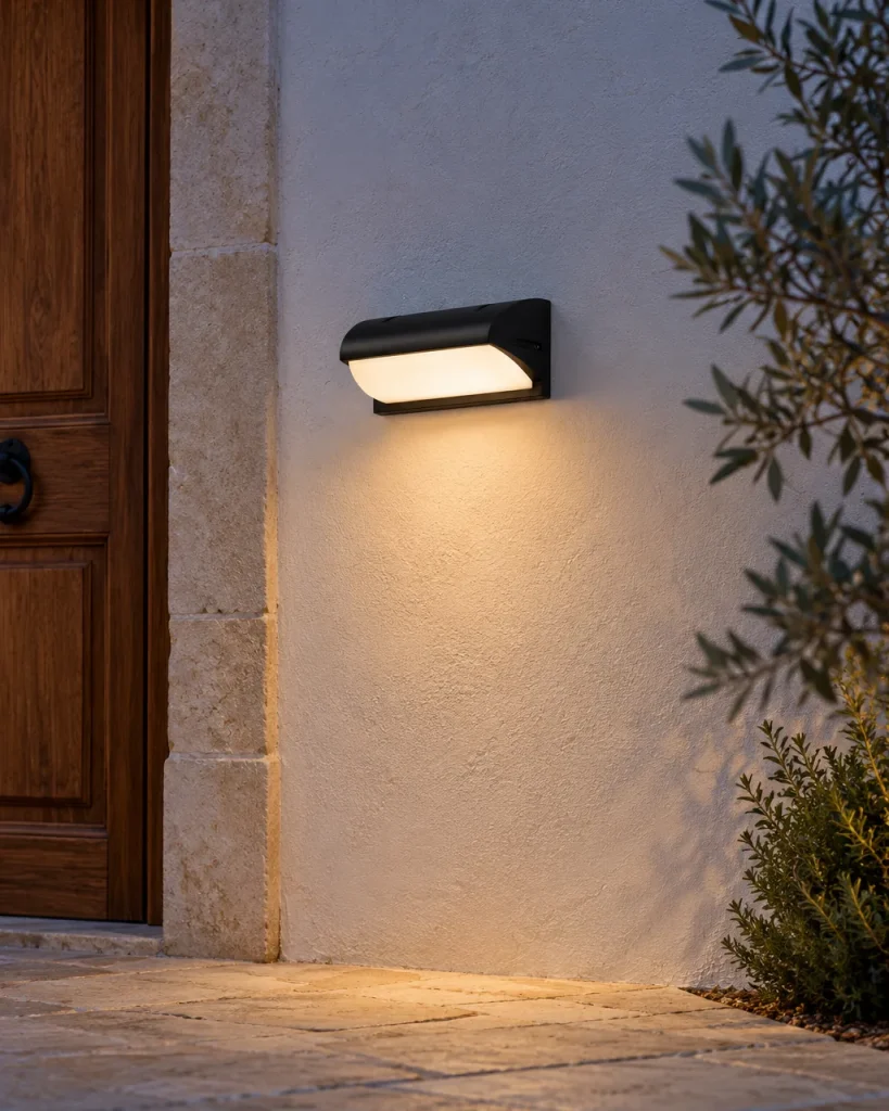 Aussenleuchte DOMOT, LED-Wandleuchte mit Blendschutz, IP65 – an der Fassade neben der Haustür, Abendlicht
