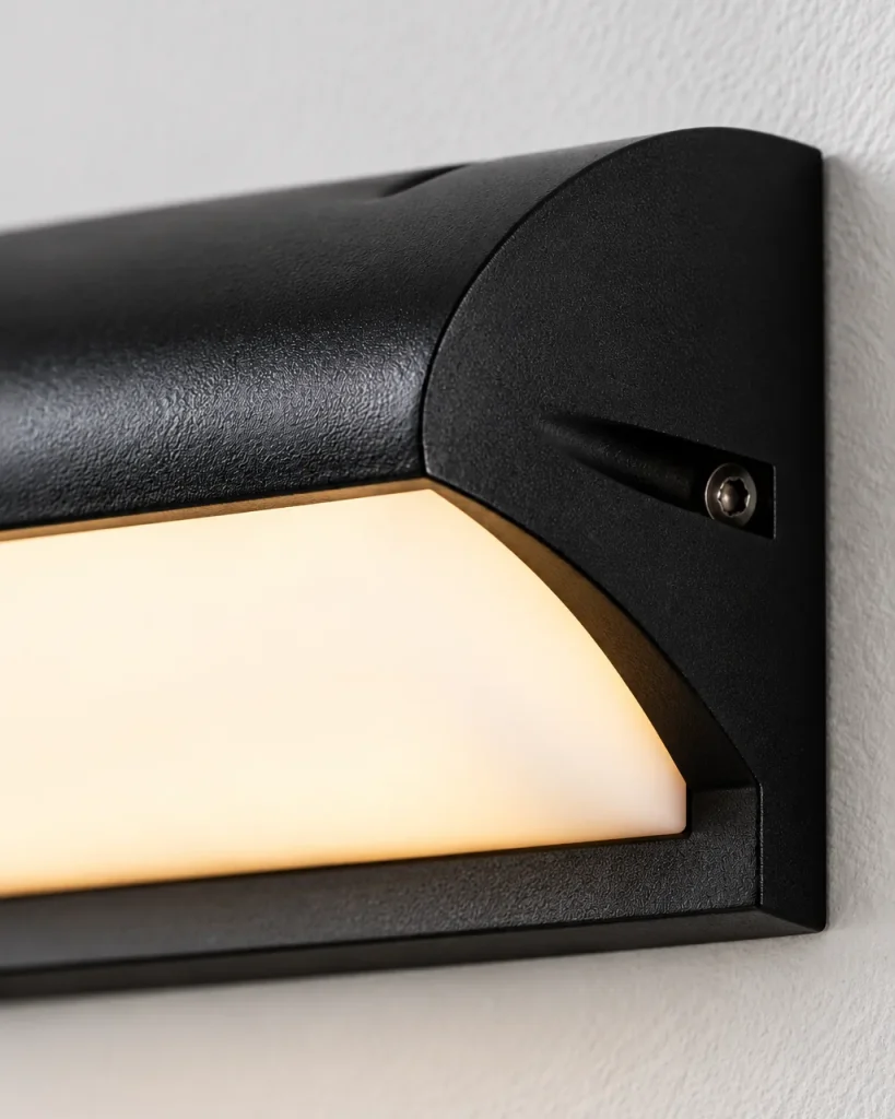 Aussenleuchte DOMOT, LED-Wandleuchte mit Blendschutz, IP65 – Detailansicht der schwarzen Blende und des Diffusors