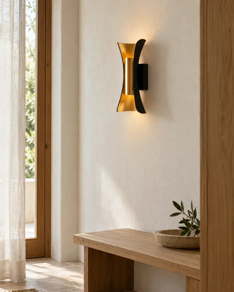 Applique da esterno HUGEL, LED sinuosa, IP65 – nell'ingresso sopra una panca in legno, luce diurna