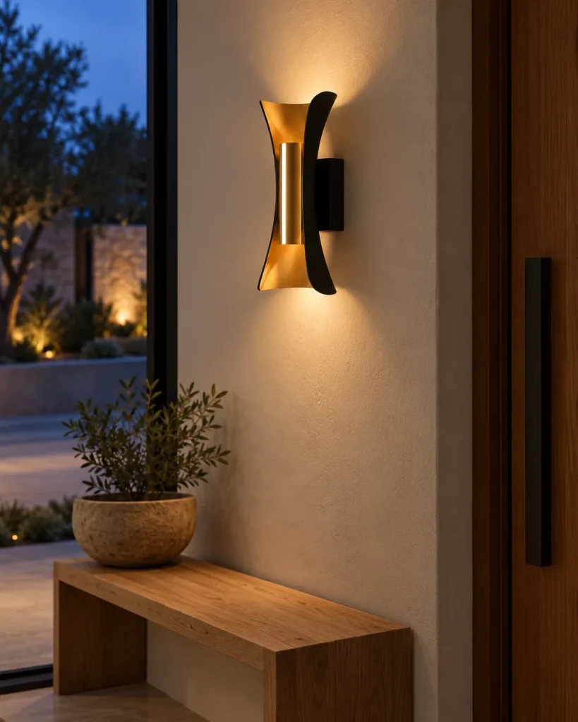 Applique da esterno HUGEL, LED sinuosa, IP65 – nell'ingresso sopra una panca in legno, luce serale