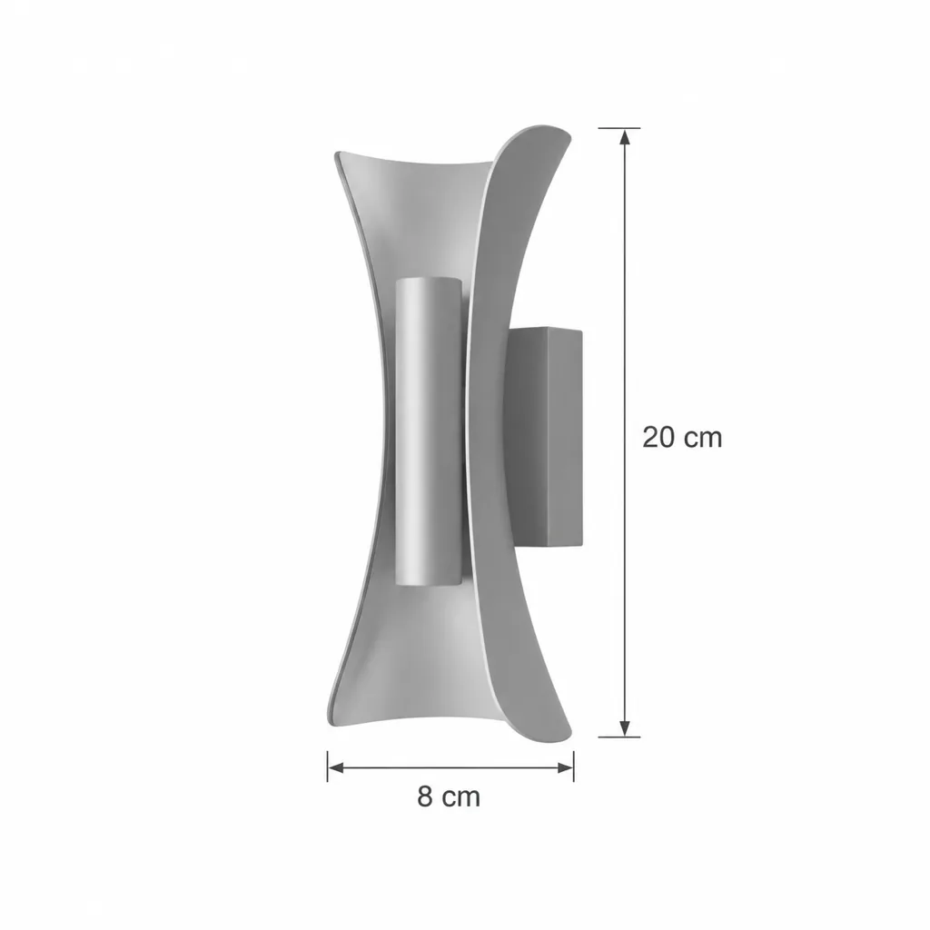 Applique da esterno HUGEL, LED sinuosa, IP65 – disegno tecnico con misure altezza 20 cm, larghezza 8 cm
