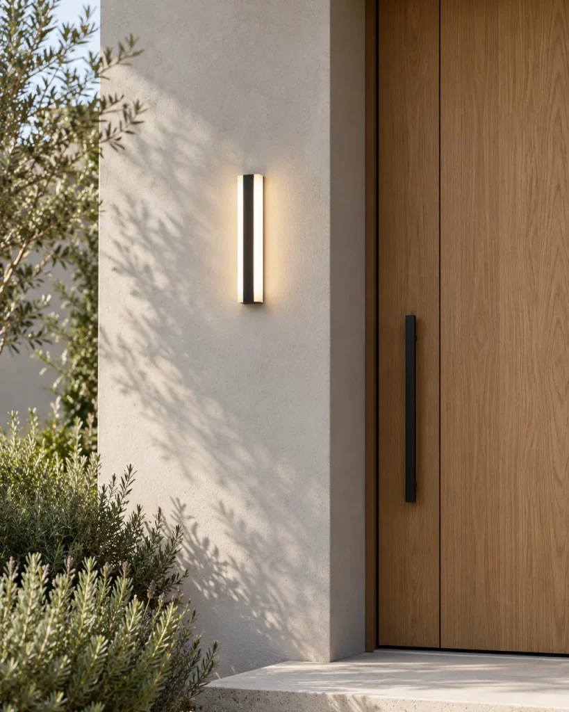 Aussenleuchte RAFTO, lineare LED-Wandleuchte, IP65, RGB – an einer hellen Hausfassade am Eingang, Tageslicht