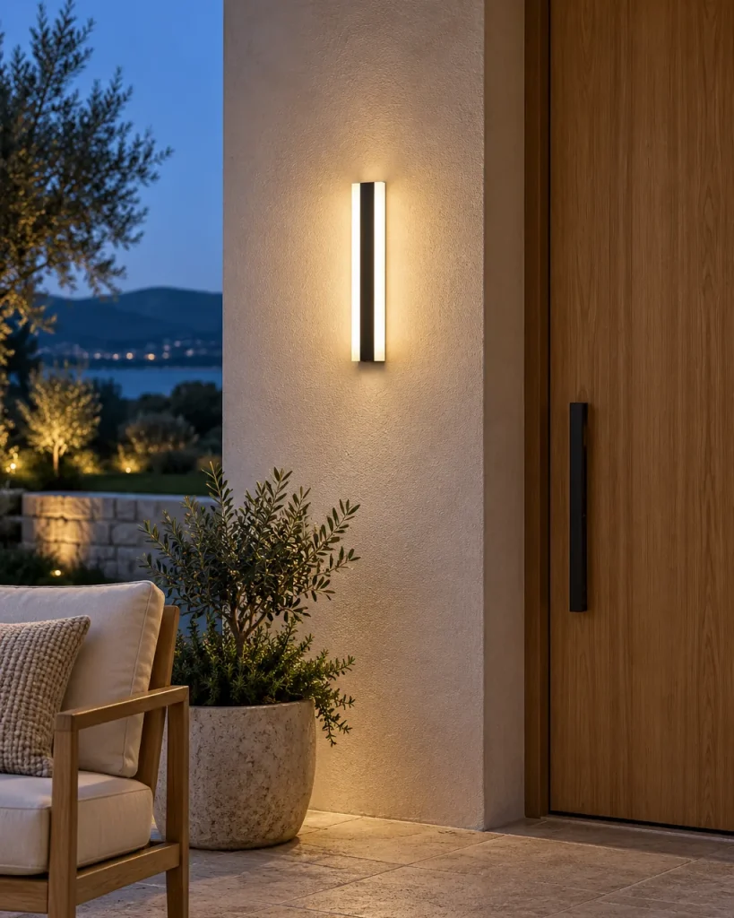 Aussenleuchte RAFTO, lineare LED-Wandleuchte, IP65, RGB – an einer hellen Hausfassade am Eingang, Abendlicht