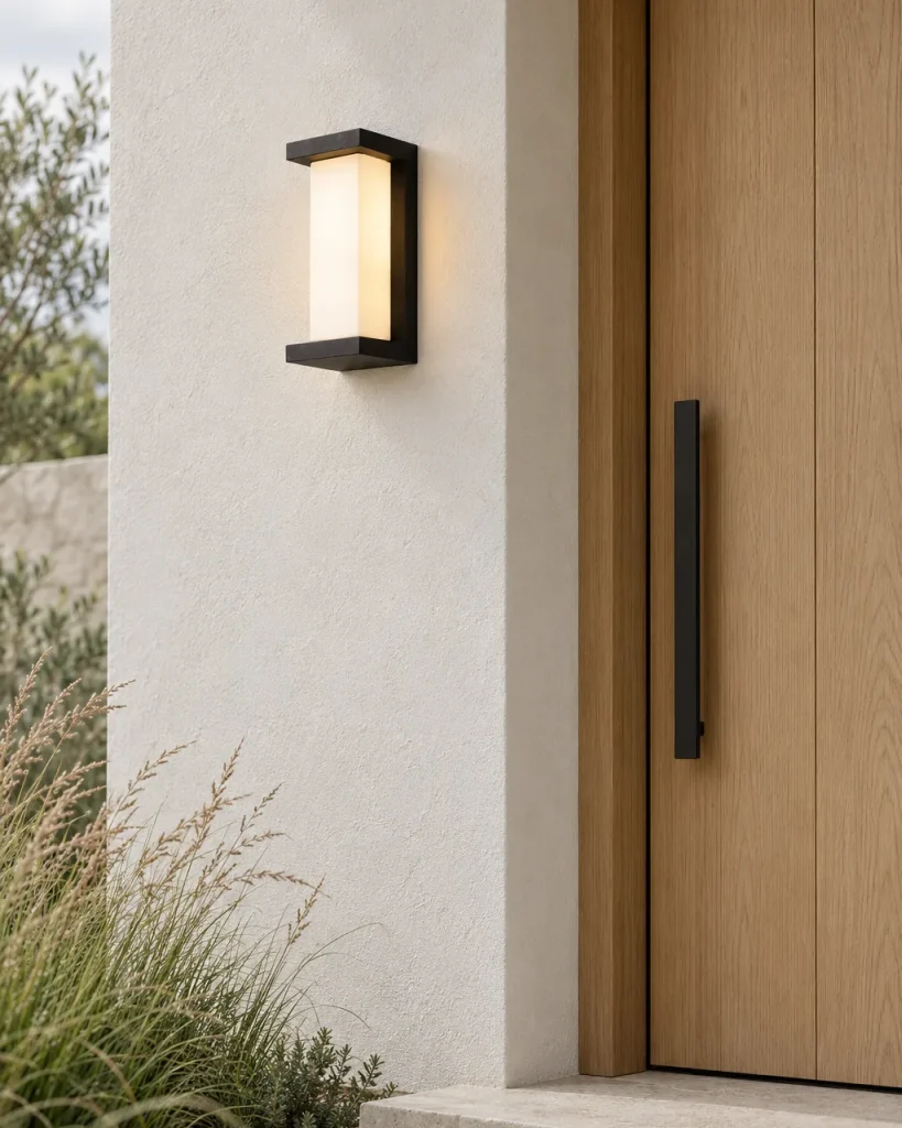 Applique da esterno ESTER, LED a colonna, IP65 – sulla facciata accanto a una porta in legno, luce diurna