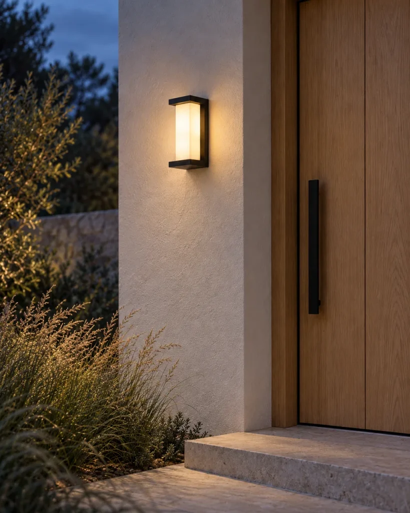 Applique da esterno ESTER, LED a colonna, IP65 – sulla facciata accanto a una porta in legno, luce serale