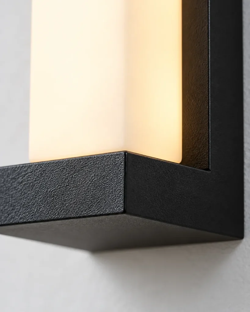 Applique da esterno ESTER, LED a colonna, IP65 – dettaglio del diffusore in acrilico e della copertura nera