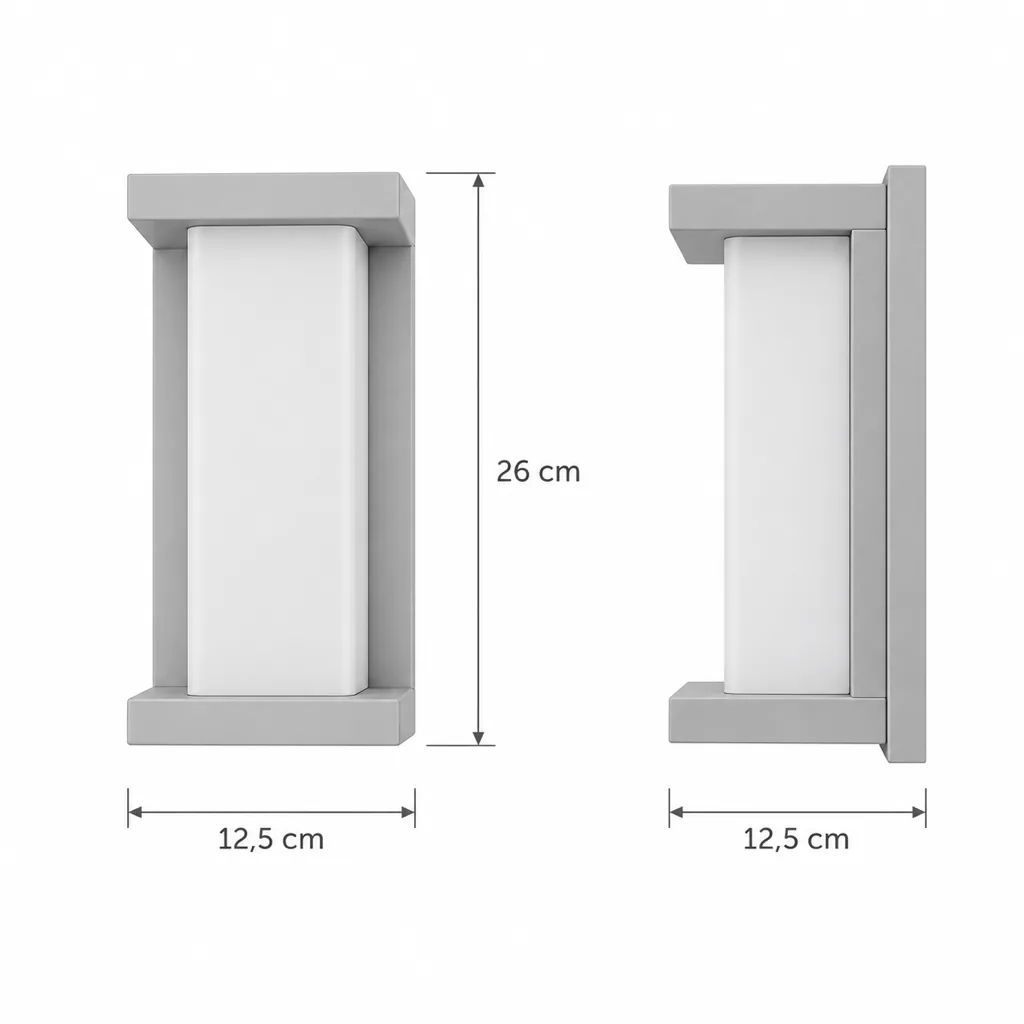 Applique da esterno ESTER, LED a colonna, IP65 – disegno tecnico con misure altezza 26 cm, larghezza e sporgenza 12,5 cm