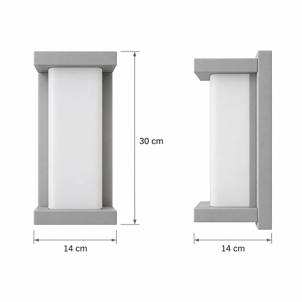 Applique da esterno ESTER, LED a colonna, IP65 – disegno tecnico con misure altezza 30 cm, larghezza e sporgenza 14 cm