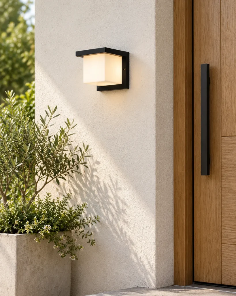 Applique da esterno GOLDI, cubo LED, IP65 – sulla facciata accanto a una porta d'ingresso in legno, luce diurna