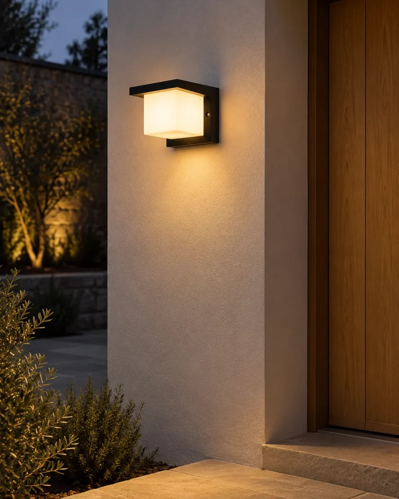 Applique da esterno GOLDI, cubo LED, IP65 – sulla facciata accanto a una porta d'ingresso in legno, luce serale