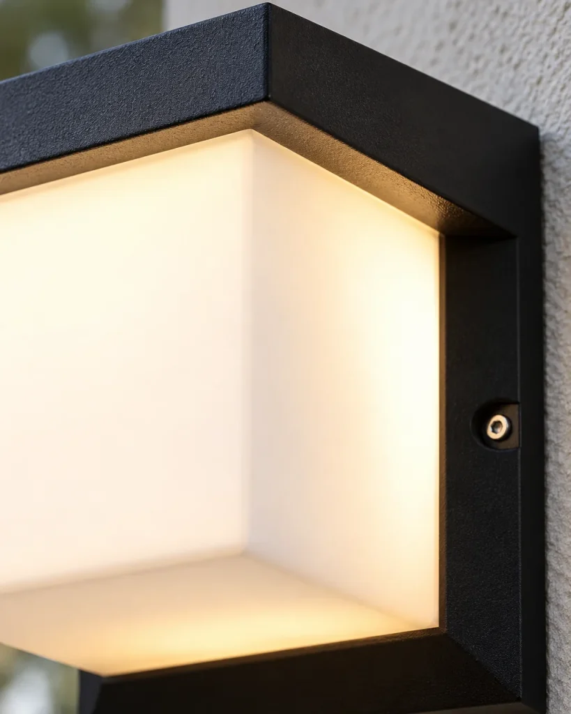 Applique da esterno GOLDI, cubo LED, IP65 – dettaglio del bordo in alluminio e del cubo in acrilico
