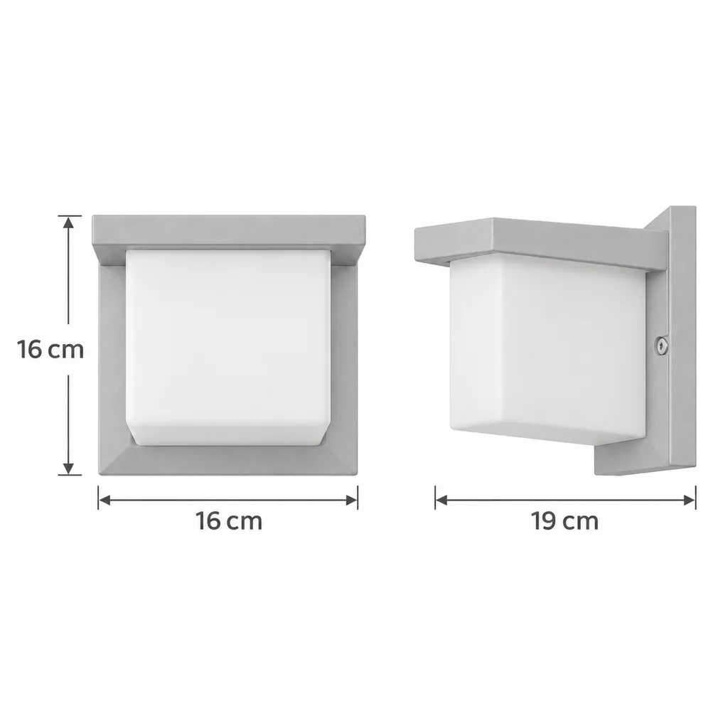 Applique da esterno GOLDI, cubo LED, IP65 – disegno tecnico con misure altezza 16 cm, larghezza 16 cm, sporgenza 19 cm