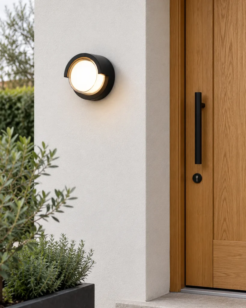 Applique da esterno YAXO, applique tonda a oblò, IP65 – su facciata chiara accanto a una porta in rovere, luce diurna