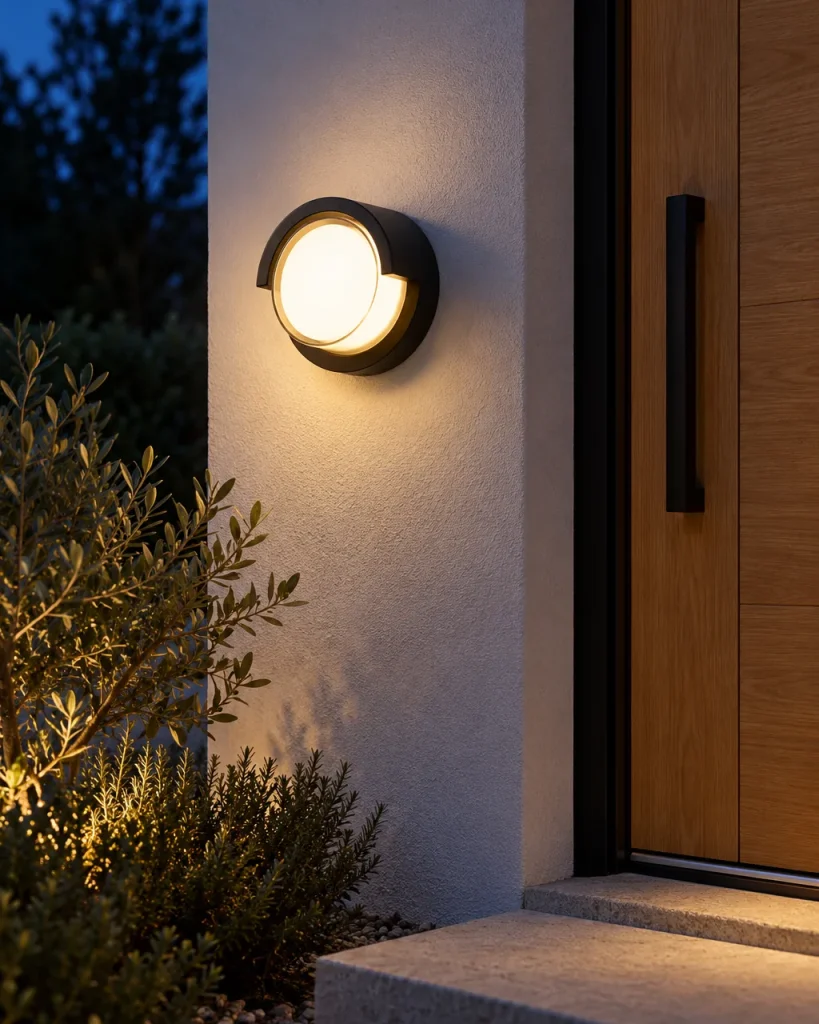 Applique da esterno YAXO, applique tonda a oblò, IP65 – all'ingresso di casa sopra gradini in pietra, luce serale