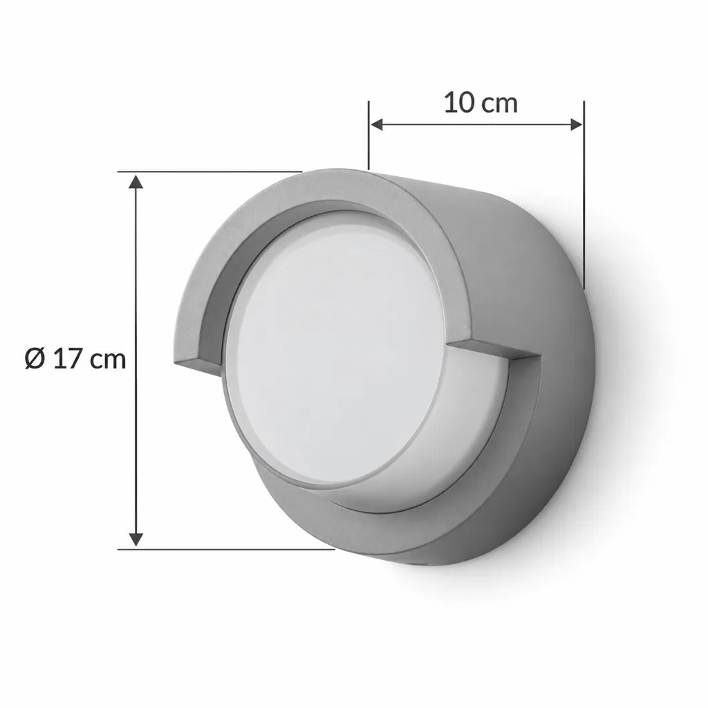 Applique da esterno YAXO, applique tonda a oblò, IP65 – disegno tecnico con misure, Ø 17 cm, profondità 10 cm