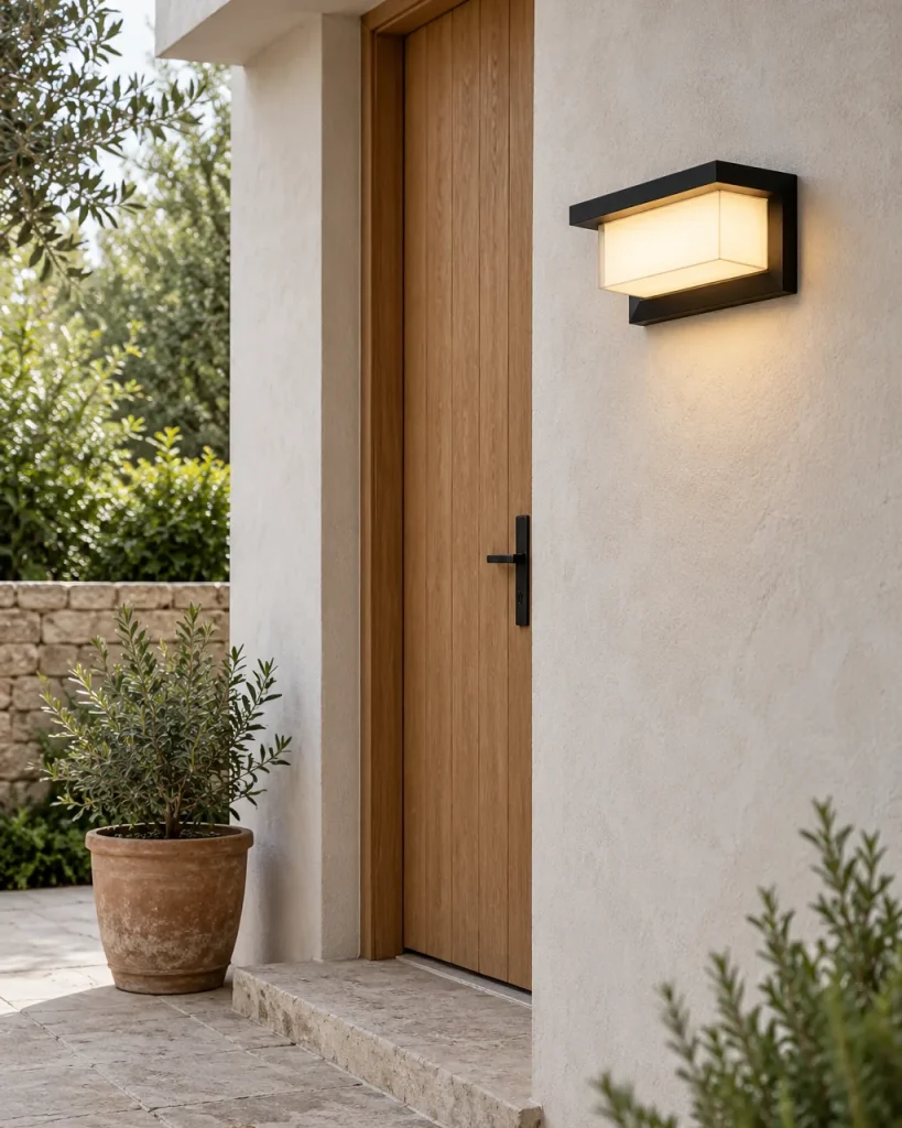 Applique da esterno MILLAF, applique cubica in alluminio, IP65 – sulla facciata accanto a una porta in legno, luce diurna