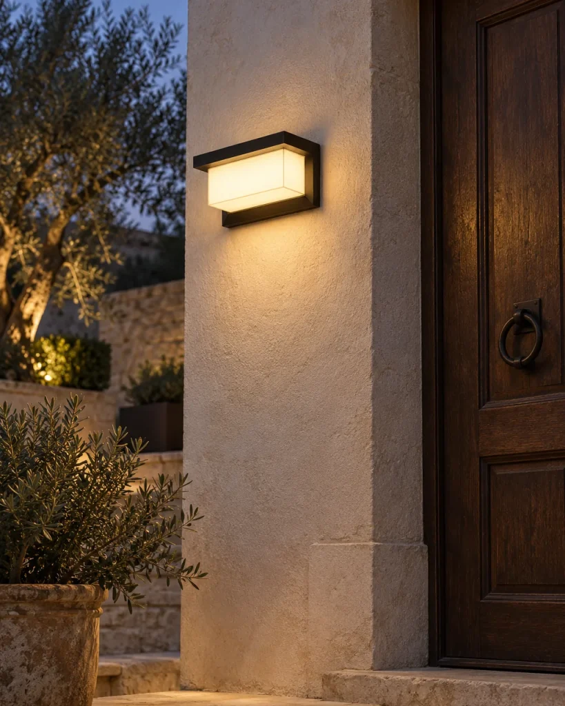 Applique da esterno MILLAF, applique cubica in alluminio, IP65 – sulla facciata accanto a una porta in legno, luce serale