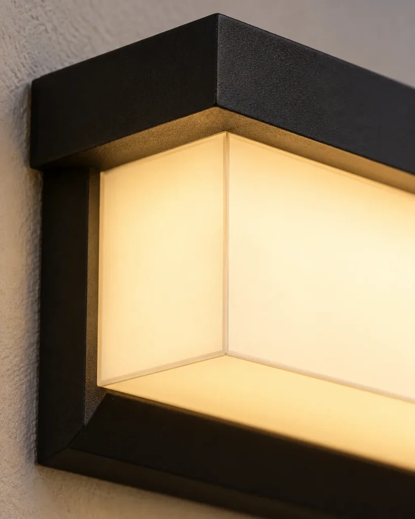Applique da esterno MILLAF, applique cubica in alluminio, IP65 – dettaglio della cornice nera e del diffusore acceso