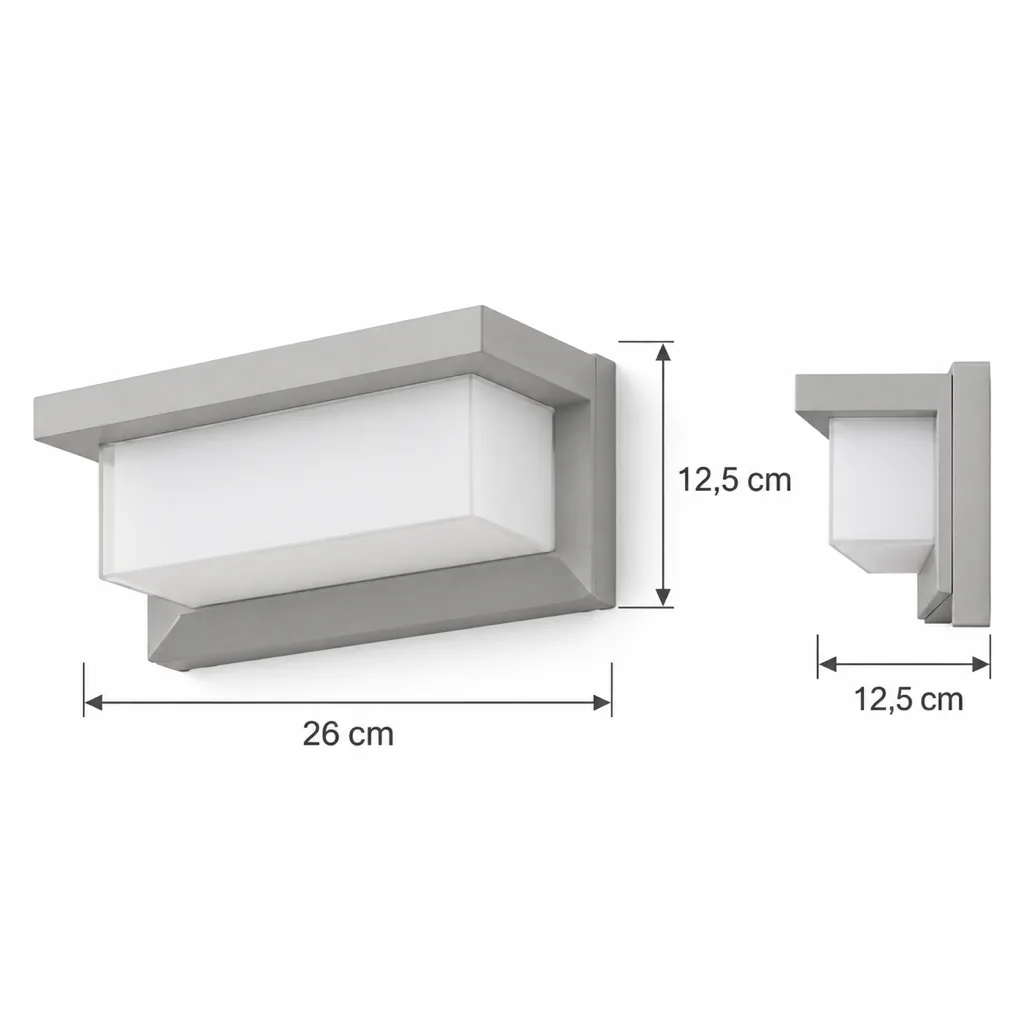 Applique da esterno MILLAF, applique cubica in alluminio, IP65 – disegno tecnico, 26 x 12,5 x 12,5 cm