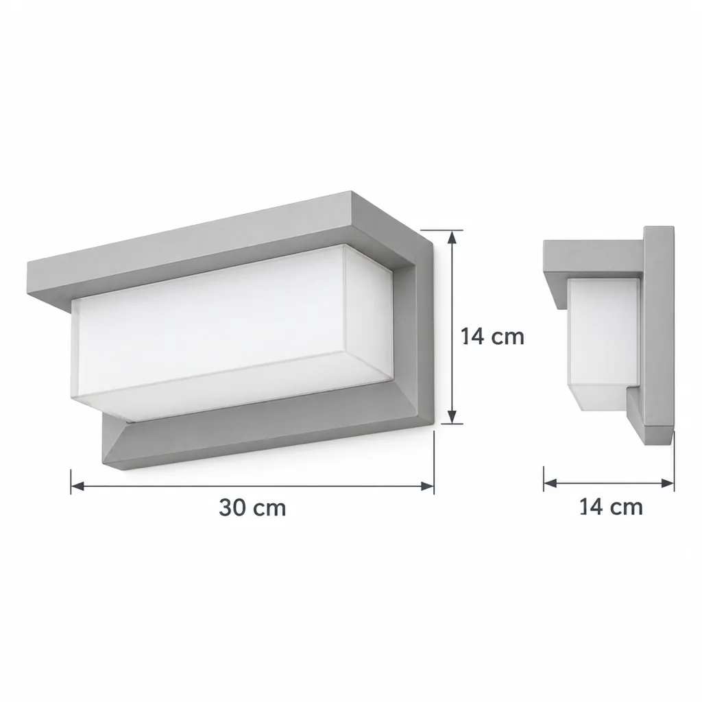 Applique da esterno MILLAF, applique cubica in alluminio, IP65 – disegno tecnico, 30 x 14 x 14 cm