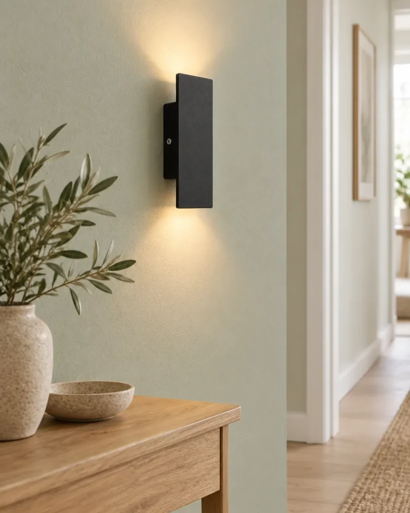 Wandlampe CAVTO, Flache Aussenleuchte Up & Down, 5 Grössen – an einer Wand über einer Holzkonsole, Tageslicht