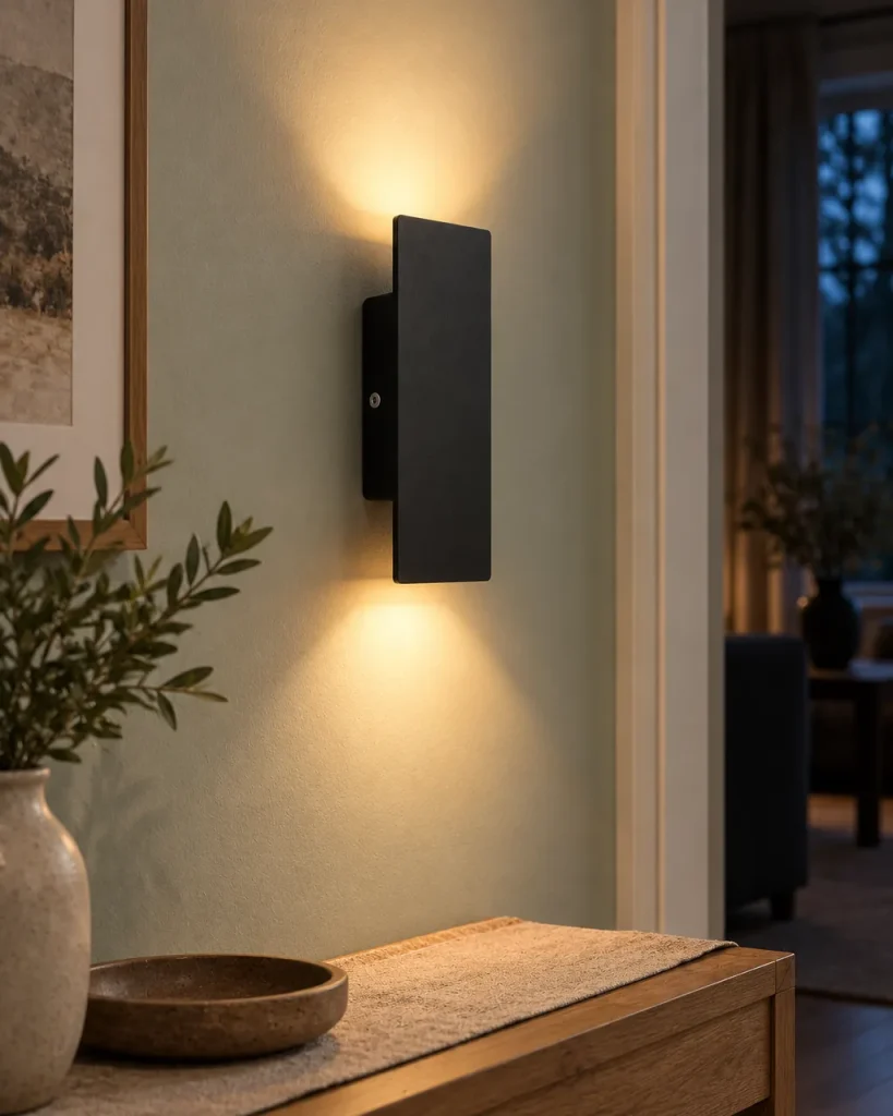 Wandlampe CAVTO, Flache Aussenleuchte Up & Down, 5 Grössen – an einer Wand über einer Holzkonsole, Abendlicht