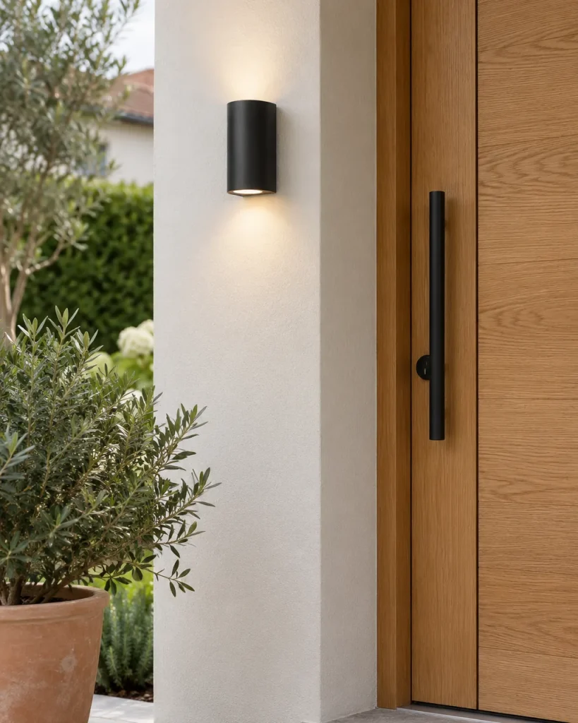 Wandlampe CADOS, Aussen-Wandleuchte Up & Down aus Aluminium – an der Fassade neben der Haustür, Tageslicht