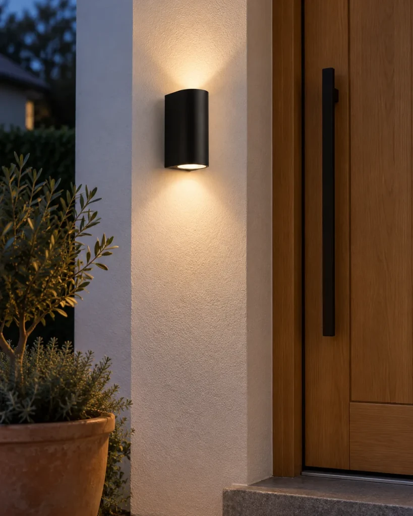 Wandlampe CADOS, Aussen-Wandleuchte Up & Down aus Aluminium – an der Fassade neben der Haustür, Abendlicht