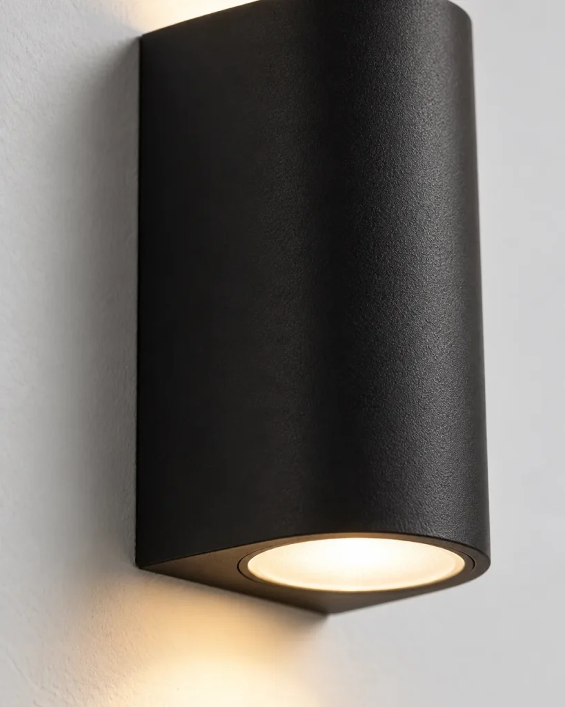 Wandlampe CADOS, Aussen-Wandleuchte Up & Down aus Aluminium – Detailansicht der Lichtaustrittsöffnung und der strukturierten Oberfläche