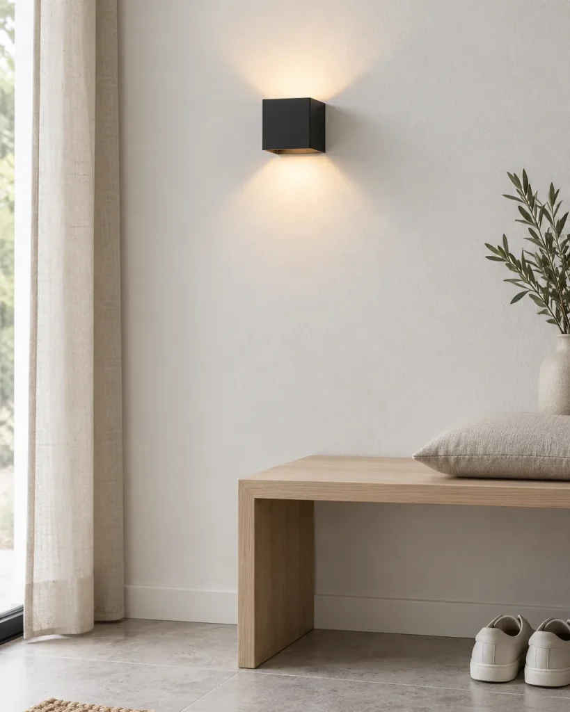 Wandlampe CARDIF, LED-Würfel für aussen, Lichtwinkel einstellbar – im Eingangsbereich über einer Holzbank, Tageslicht