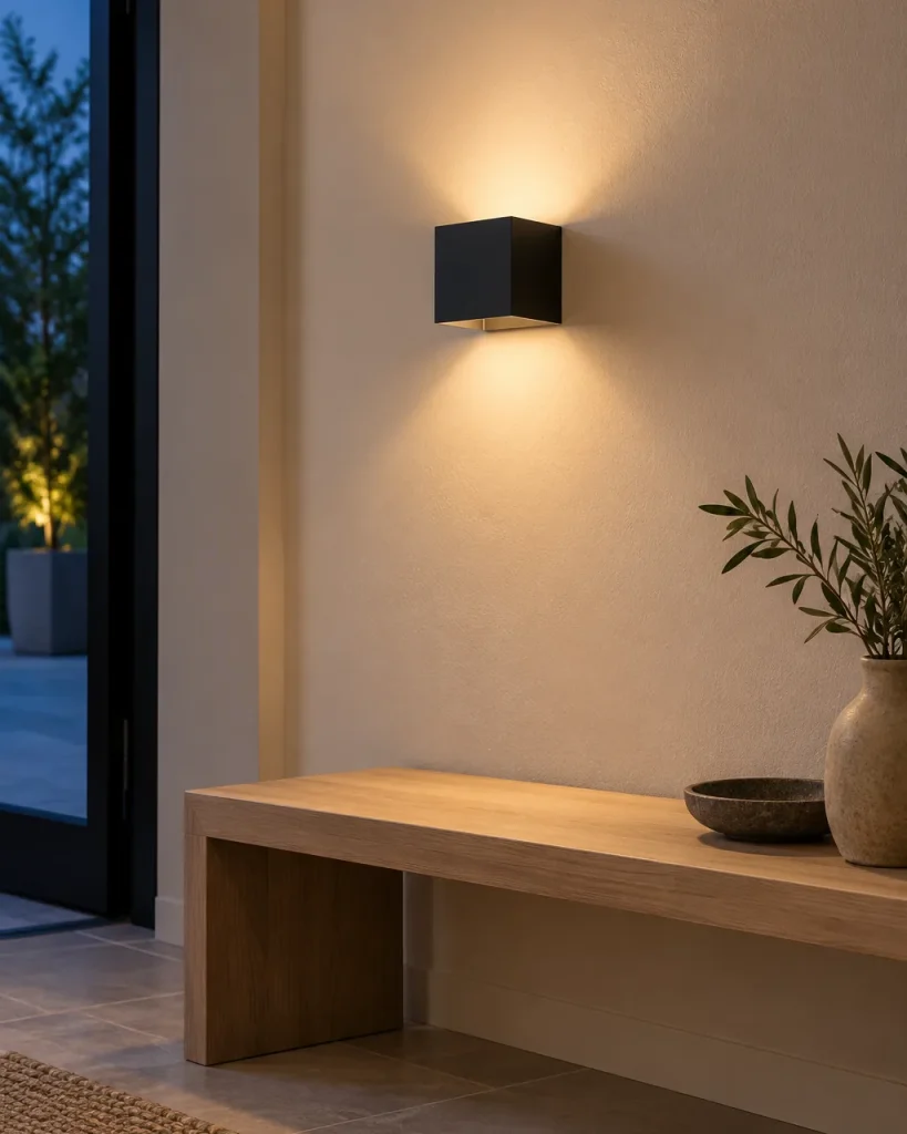 Wandlampe CARDIF, LED-Würfel für aussen, Lichtwinkel einstellbar – im Eingangsbereich über einer Holzbank, Abendlicht