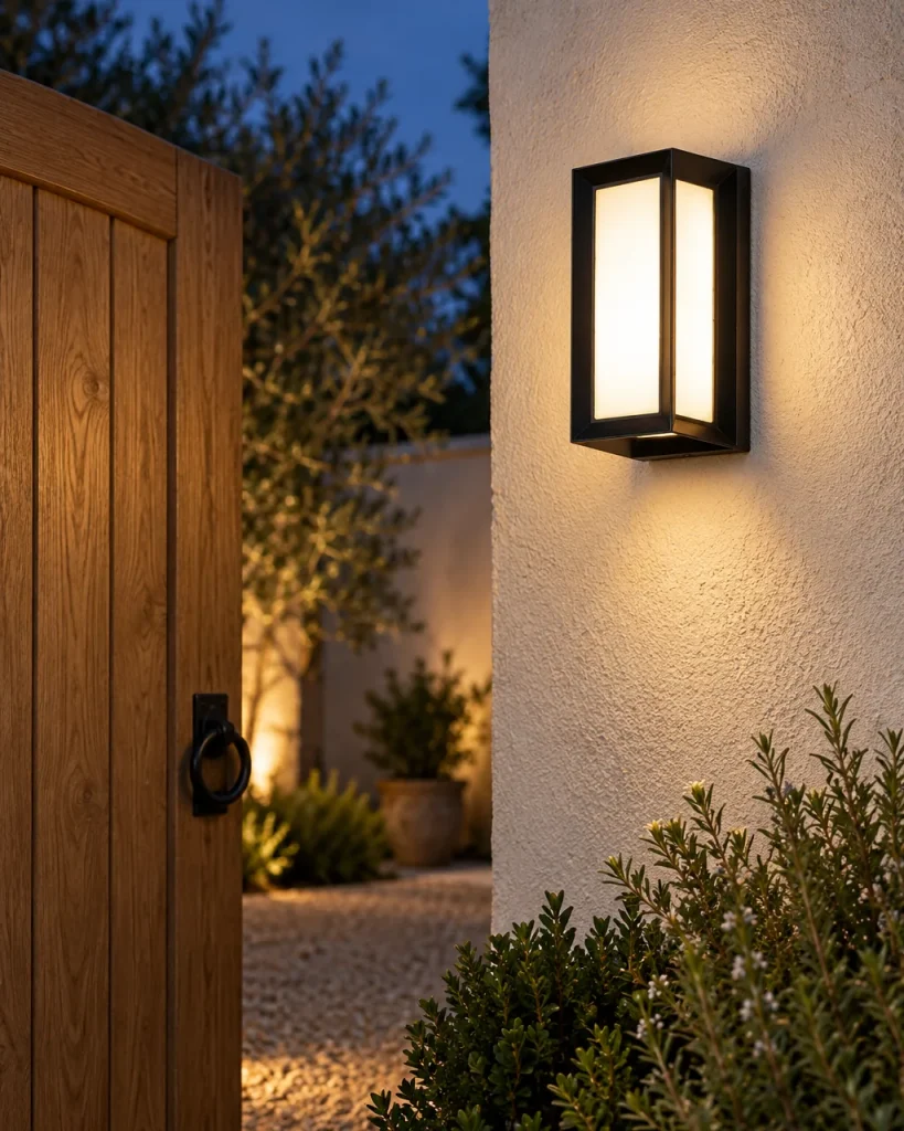 Applique da esterno KIETY, lanterna LED in alluminio, IP65, nera – accanto a un portone in legno nel cortile, luce serale