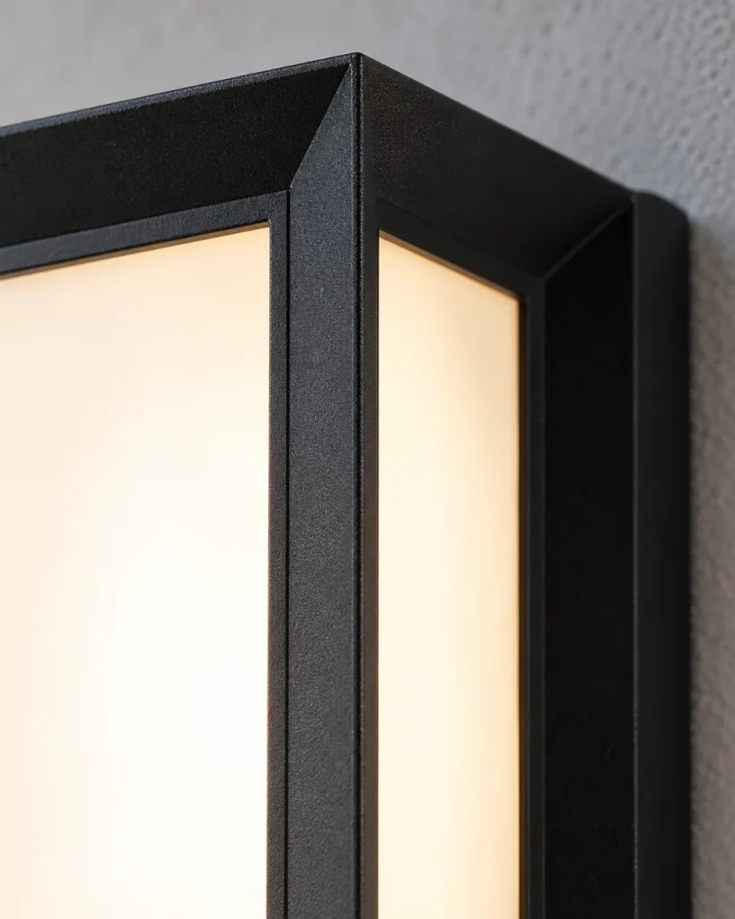 Applique da esterno KIETY, lanterna LED in alluminio, IP65, nera – dettaglio della cornice smussata e del diffusore