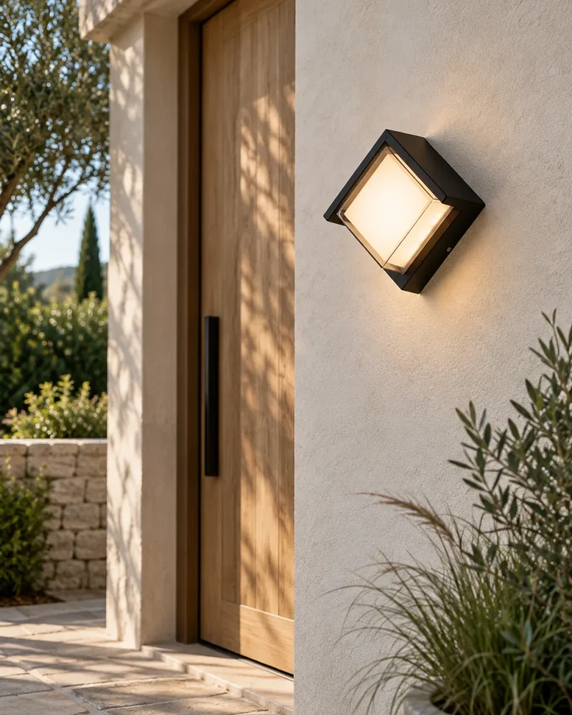 Applique da esterno COURTO, applique LED cubica, IP65 – sulla facciata accanto alla porta in legno, luce diurna