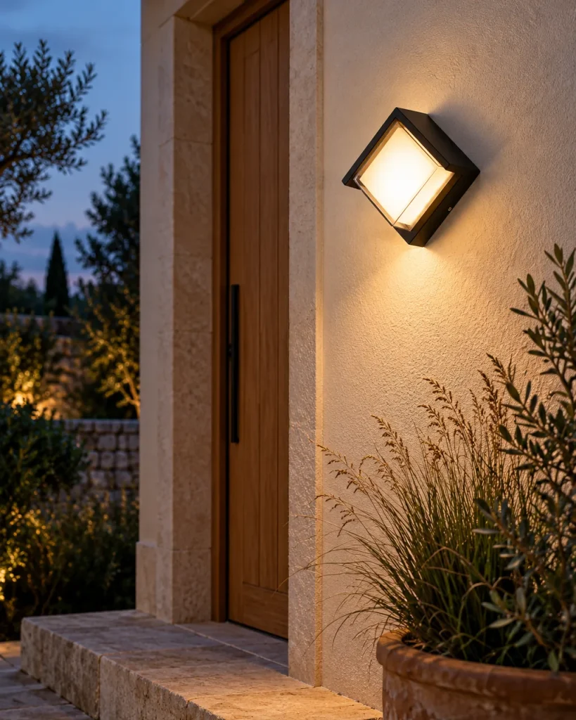 Applique da esterno COURTO, applique LED cubica, IP65 – sulla facciata accanto alla porta in legno, luce serale