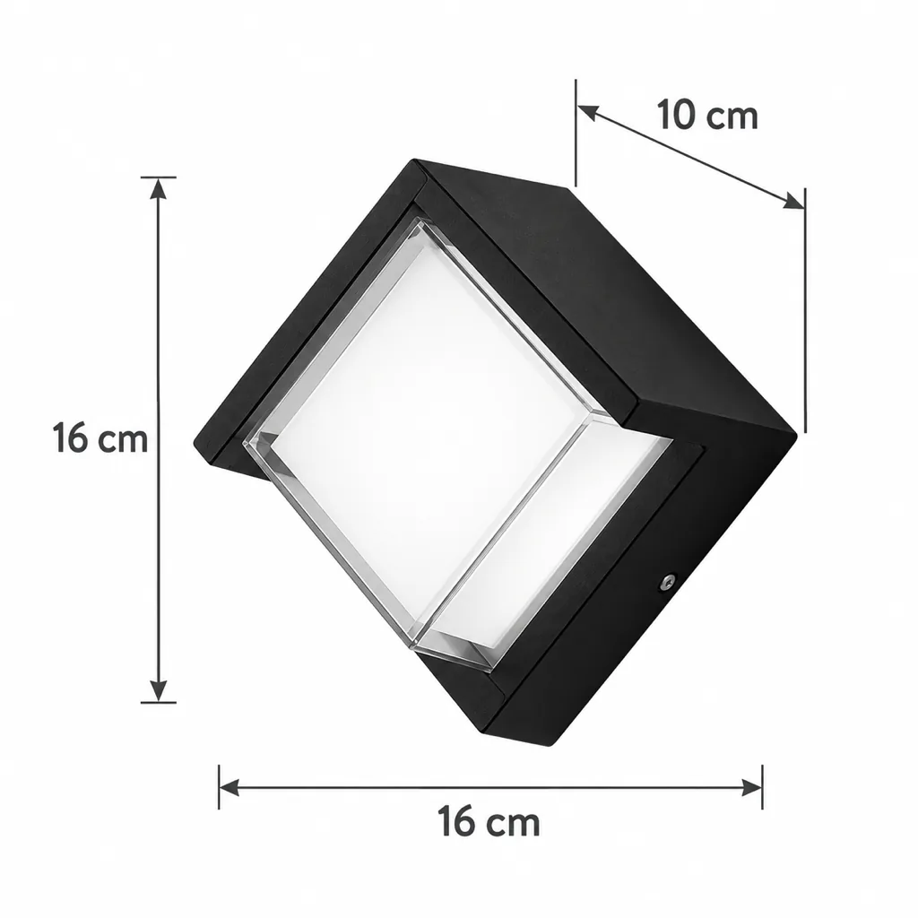 Applique da esterno COURTO, applique LED cubica, IP65 – disegno tecnico con misure, 16 × 16 × 10 cm