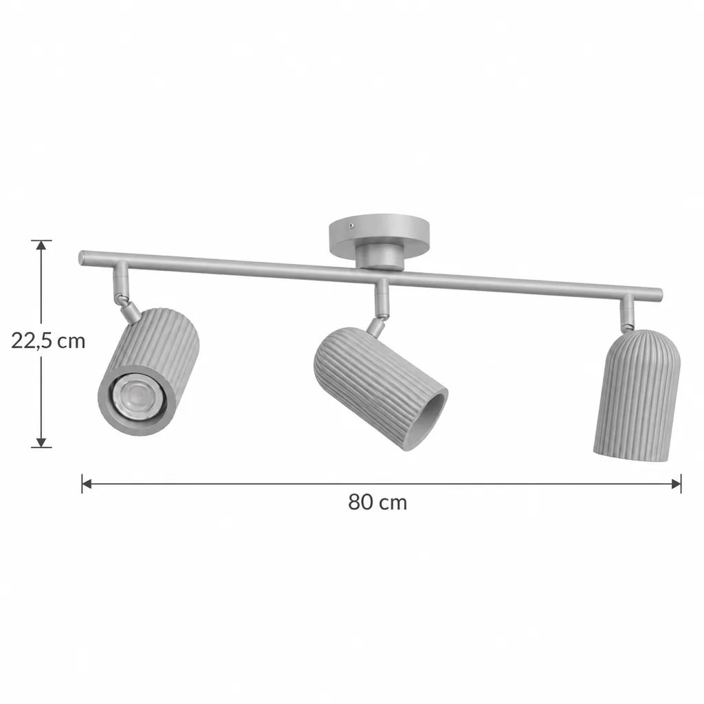 Plafoniera NIKA, barra con tre faretti in legno scanalato – disegno tecnico, lunghezza 80 cm, altezza 22,5 cm