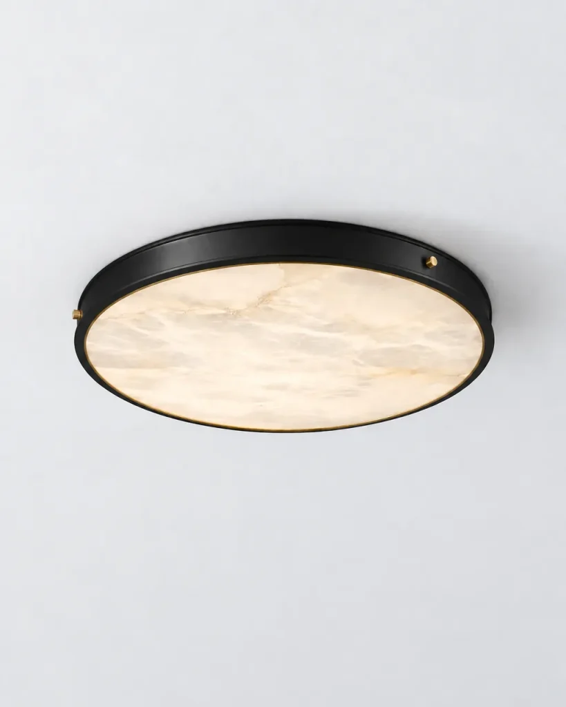 Deckenlampe FENZE, Flache Alabasterscheibe im Metallring – Schwarz, Produktfoto