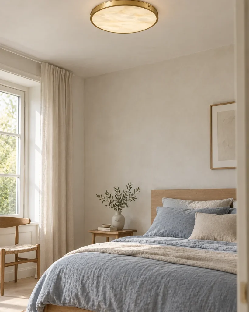 Deckenlampe FENZE, Flache Alabasterscheibe im Metallring – im Schlafzimmer über dem Bett, Tageslicht