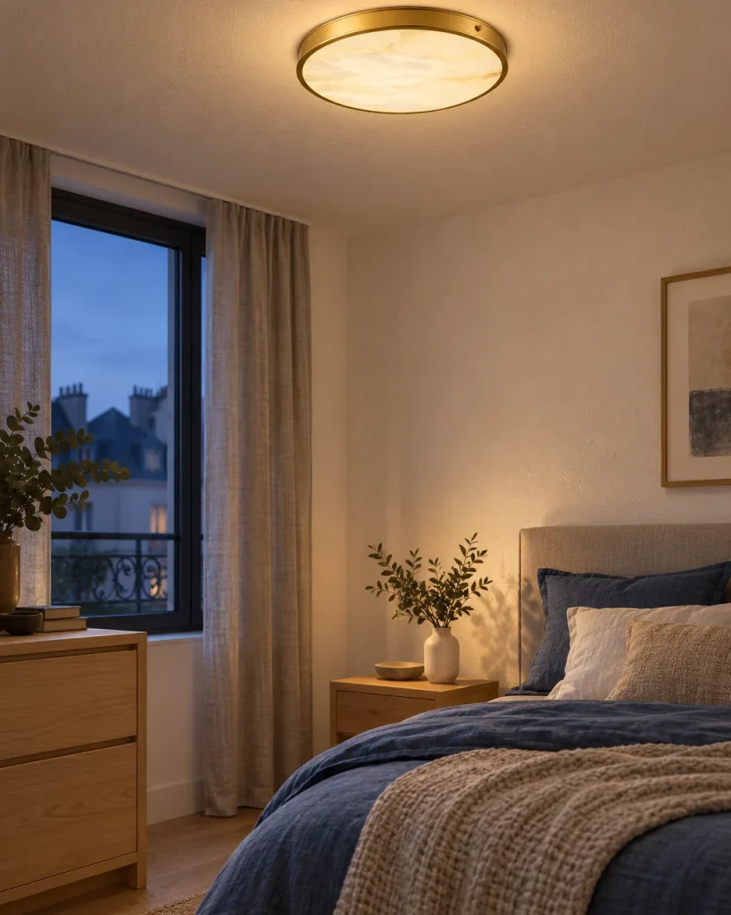 Deckenlampe FENZE, Flache Alabasterscheibe im Metallring – im Schlafzimmer über dem Bett, Abendlicht