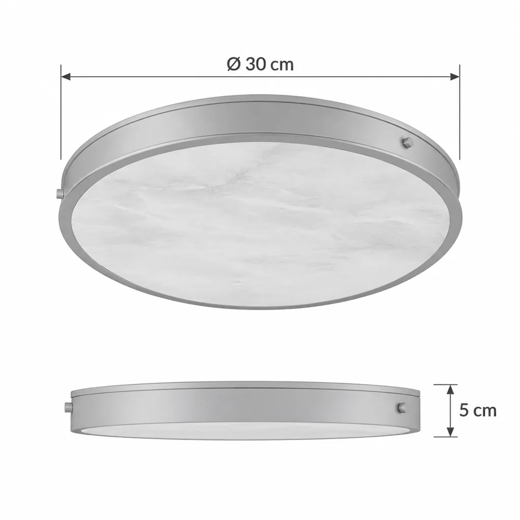 Deckenlampe FENZE, Flache Alabasterscheibe im Metallring – Masszeichnung Ø 30 cm, Höhe 5 cm