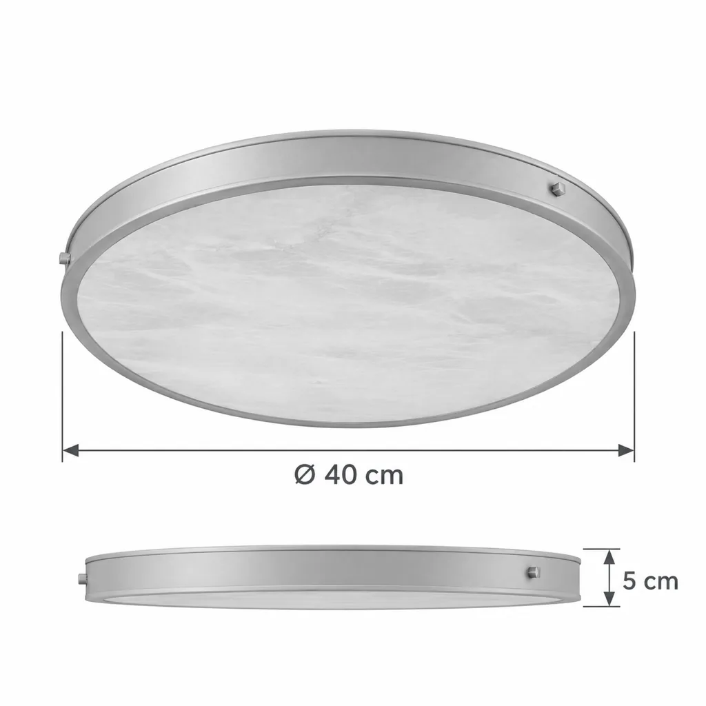 Deckenlampe FENZE, Flache Alabasterscheibe im Metallring – Masszeichnung Ø 40 cm, Höhe 5 cm