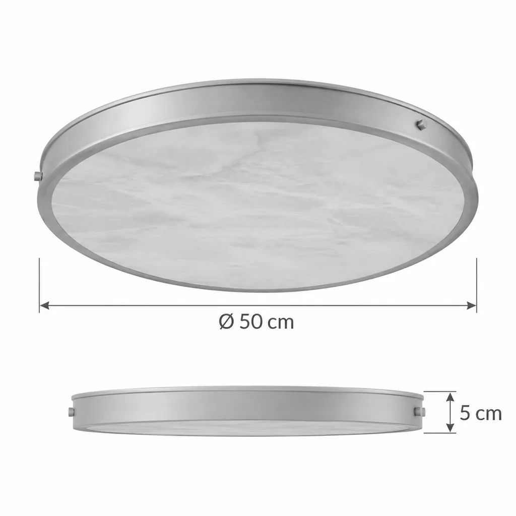 Deckenlampe FENZE, Flache Alabasterscheibe im Metallring – Masszeichnung Ø 50 cm, Höhe 5 cm