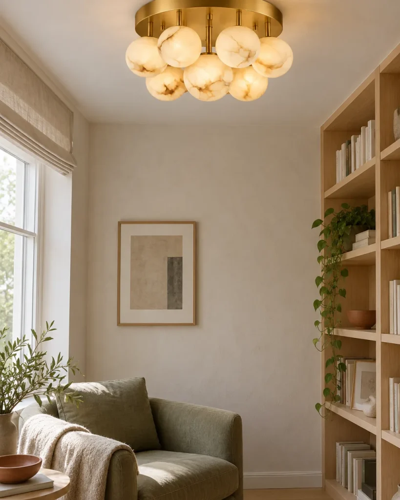 Deckenlampe DERPI, Traube aus Alabasterkugeln auf Messing – im Wohnzimmer über einem Lesesessel vor dem Bücherregal, Tageslicht