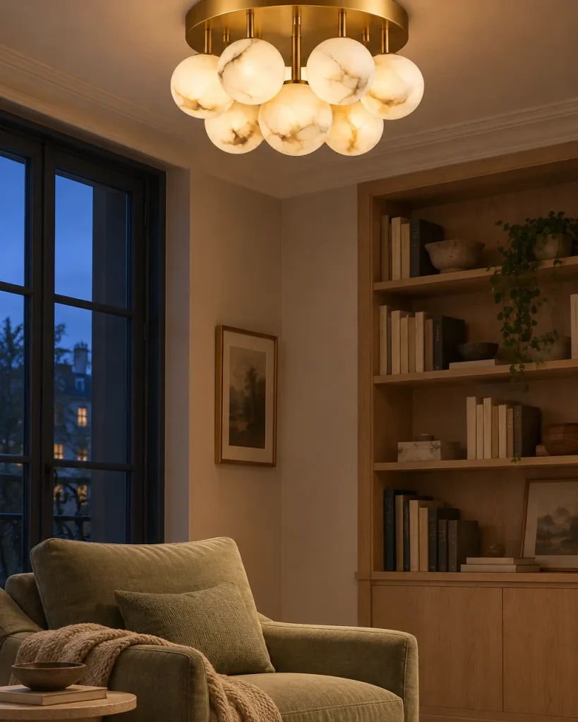 Deckenlampe DERPI, Traube aus Alabasterkugeln auf Messing – im Wohnzimmer über einem Lesesessel vor dem Bücherregal, Abendlicht