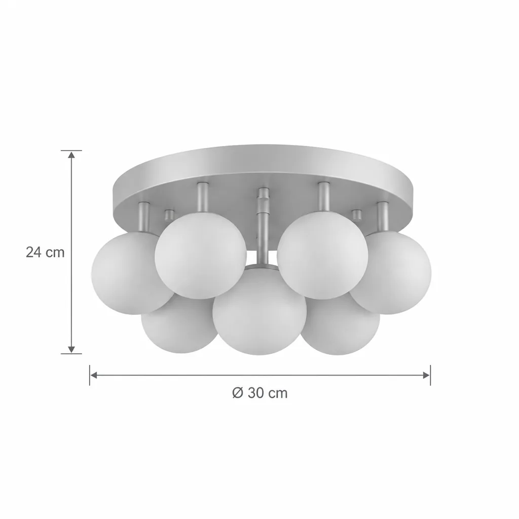 Deckenlampe DERPI, Traube aus Alabasterkugeln auf Messing – Masszeichnung Ø 30 cm, Höhe 24 cm